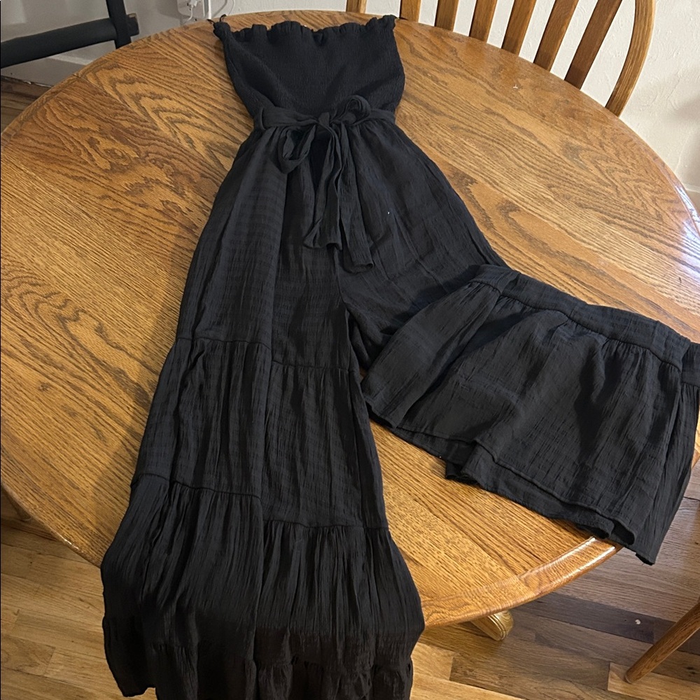 HYFVE Black Strapless Wide-Leg Jumpsuit with Waist Tie